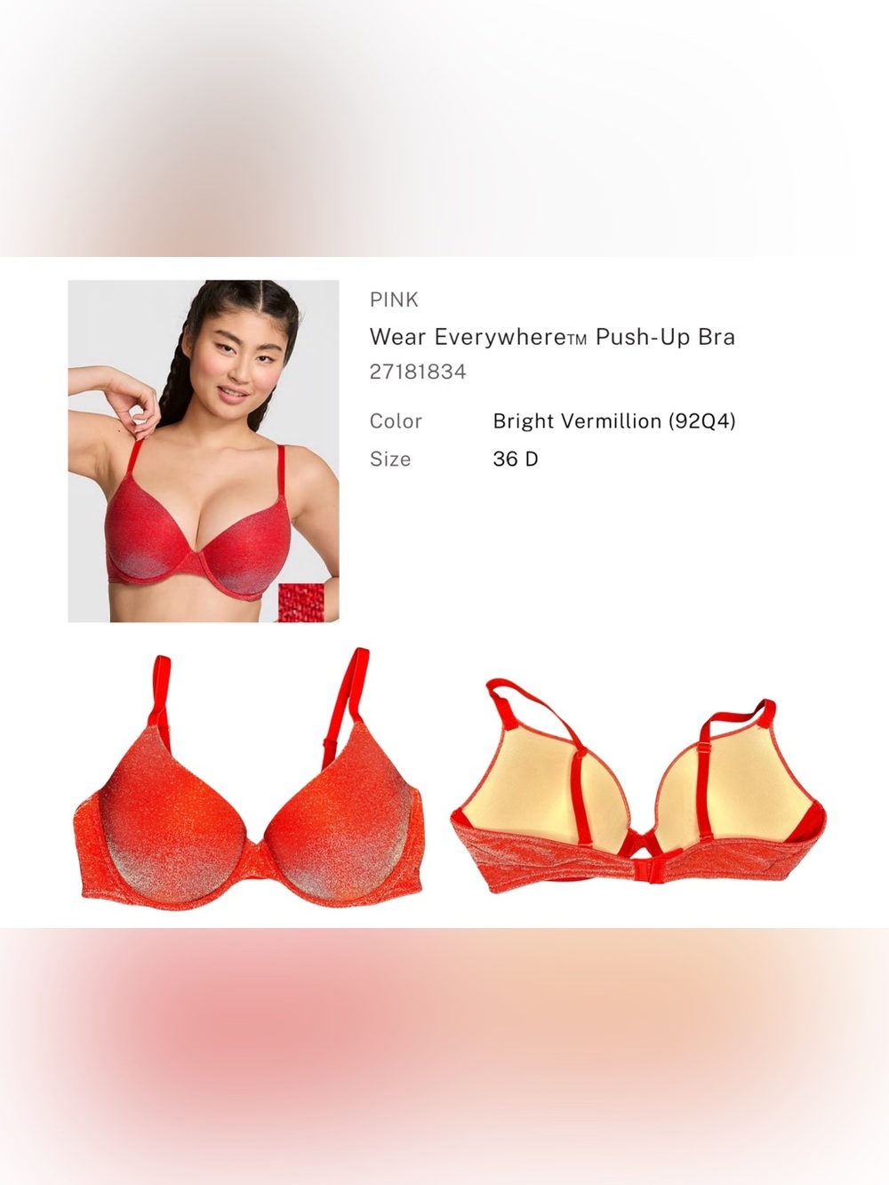 PINK Victoria’s Secret Wear Everywhere Push-Up Bra - Bright Vermillion - 36D
